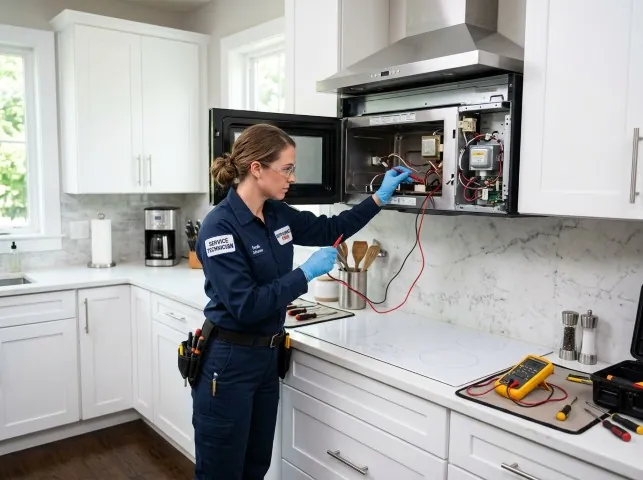 Appliance Repair Hero technician testing an over-the-range microwave in a Alpharetta, GA kitchen